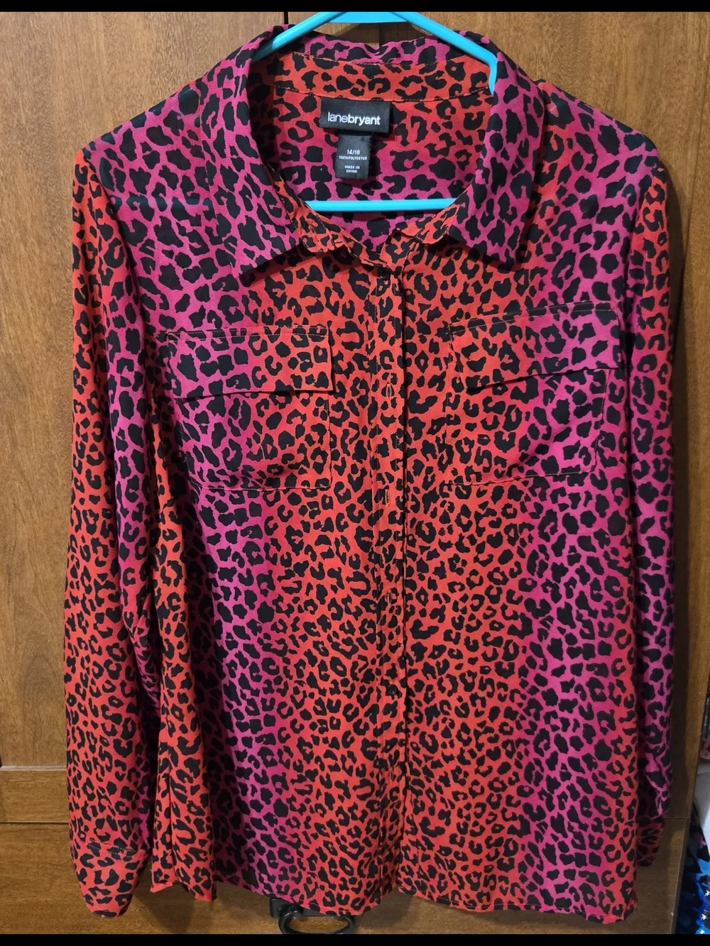 Lane Bryant Red and Pink Leopard Print Button-Down Top - Picture 1 of 5